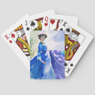Baraja De Cartas Dama en vestido azul - Pintura al acuarela