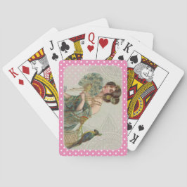 Baraja De Cartas Dama Vintage de lunares rosados y blancos y loro
