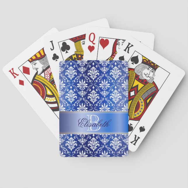 Baraja De Cartas Damasco azul y blanco del monograma (Reverso)