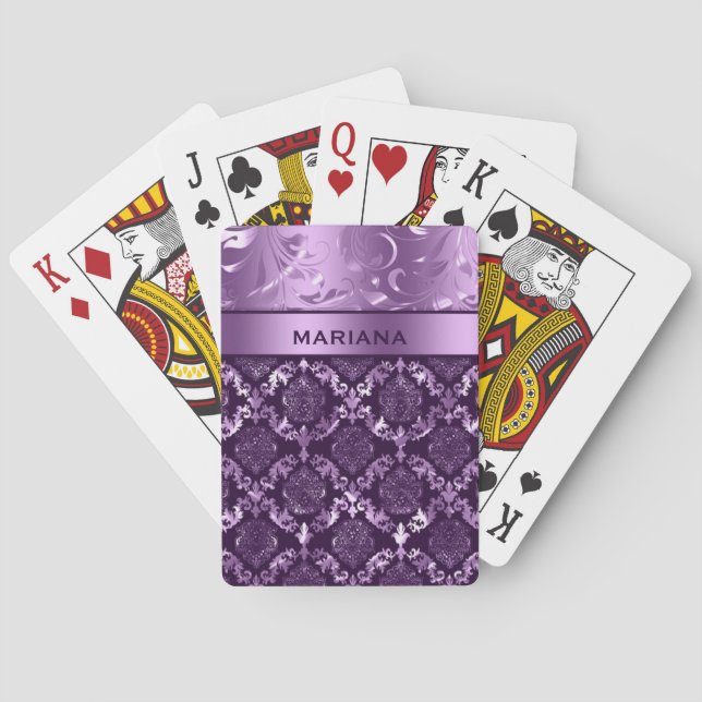 Baraja De Cartas Damascos Girly Purple y Swirls Metálicos (Reverso)