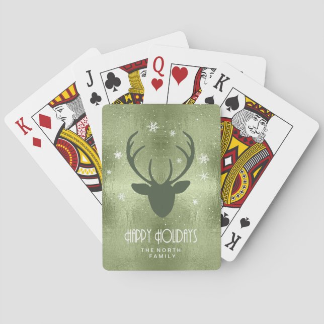 Baraja De Cartas Deer Antlers Silhouette & Snowflakes Green ID861 (Reverso)