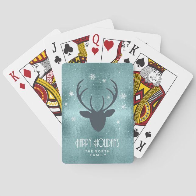 Baraja De Cartas Deer Antlers Silhouette & Snowflakes Verde azulada (Reverso)