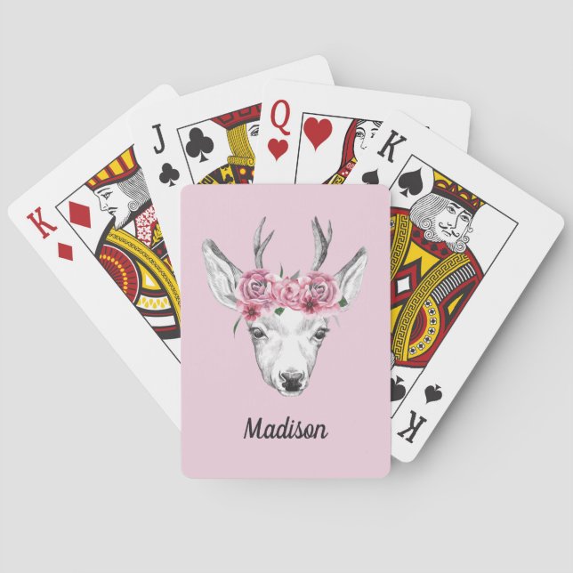 Baraja De Cartas Deer de flores acuáticas | Añadir su nombre (Reverso)