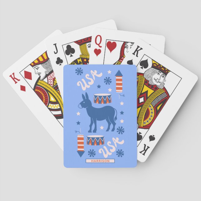 Baraja De Cartas Demócrata Donkey Monograma Nombre Rojo Azul Blanco (Reverso)