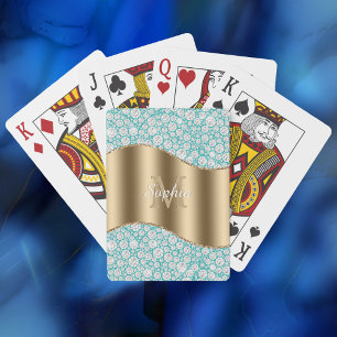 Baraja De Cartas Diamantes Glam en Verde Turquesa, Monograma de Oro