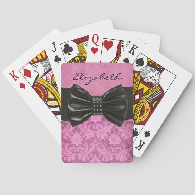 Baraja De Cartas Diseñador elegante Damask Pink con arte negro Bow (Reverso)