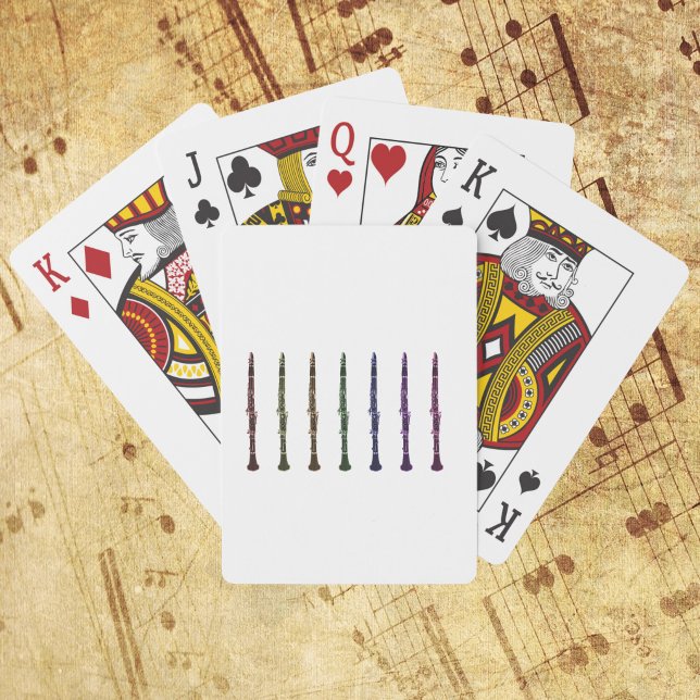 Baraja De Cartas Diseño de Clarinete Arcoíris para Músicos (A deck of playing cards with a rainbow lineup of clarinets)