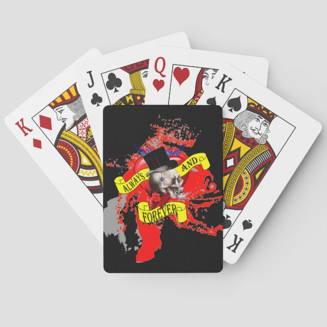 Baraja De Cartas Diseño de cráneo romántico y tatuajes cardíacos (Reverso)