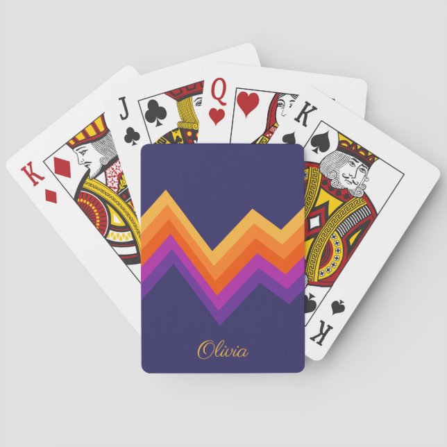 Baraja De Cartas Diseño de zigzag retro morado, naranja y amarillo (Reverso)