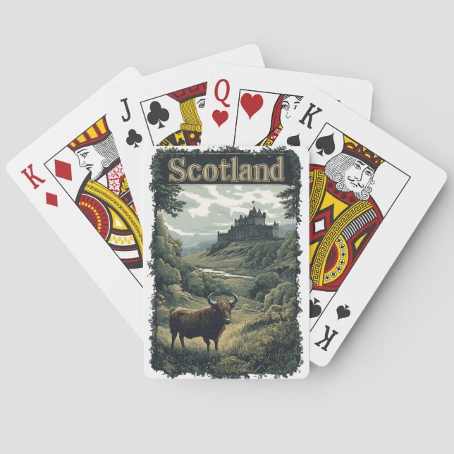 Baraja De Cartas Diseño escocés: Vaca Highland, castillo y paisaje (Reverso)