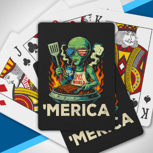 Baraja De Cartas Divertida Parrilla BBQ Alienígena Patriótica Retro