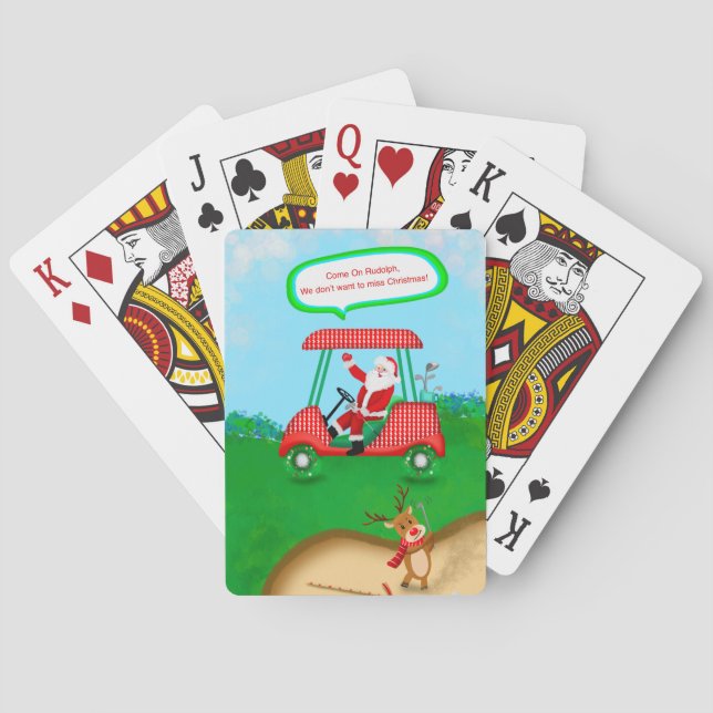 Baraja De Cartas Divertido Santa con renos jugando al golf (Reverso)
