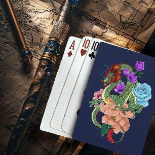 Baraja De Cartas Dragón Chino Flores Azules Marinos