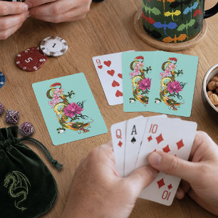 Baraja De Cartas Dragón Chino Verde Intenso Tatuaje de Loto Azul Tu