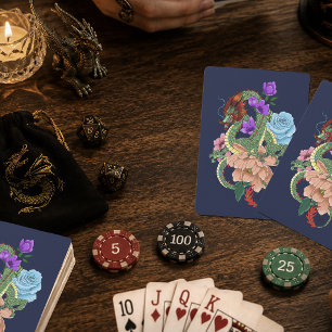 Baraja De Cartas Dragón Chino Verde Místico Floral Azul Marino