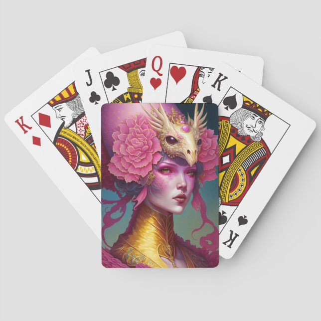 Baraja De Cartas Dragón Rosa Cráneo Mujer Fantasía Arte (Reverso)