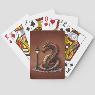 Baraja De Cartas Dragón Steampunk al lado de una lámpara de calle v