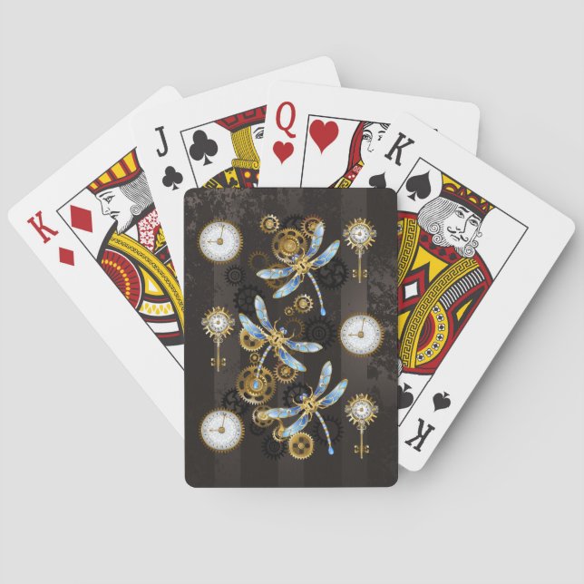 Baraja De Cartas Dragoniscos de Steampunk sobre fondo rayado marrón (Reverso)