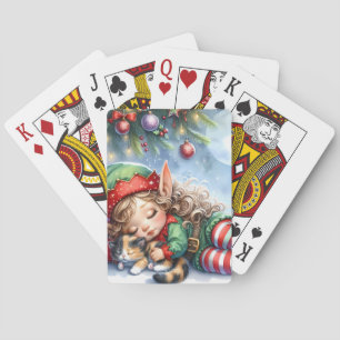 Baraja De Cartas Duende de Navidad durmiendo con gatito calico