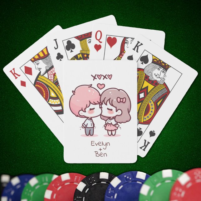 Baraja De Cartas Dulce Pareja de Besado Personalizada Chibi Estilo  (Sweet Personalized Chibi-Style Kissing Couple Playing Cards)