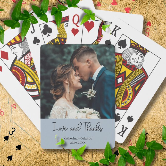 Baraja De Cartas Dusty Blue Elegant Wedding Love and Thanks Photo (Subido por el creador)