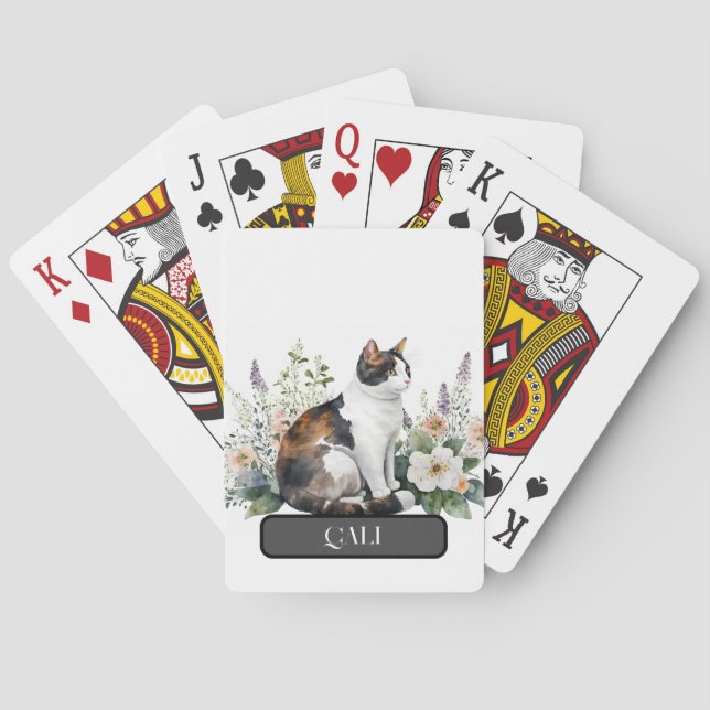 Baraja De Cartas El encantador gato calico con flores, personalice (Reverso)