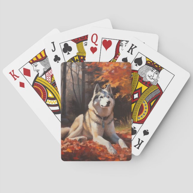 Baraja De Cartas El Husky Siberiano en otoño se inspira en las hoja (Reverso)