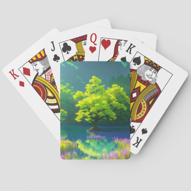 Baraja De Cartas El reflejo del árbol verde delgado (Reverso)