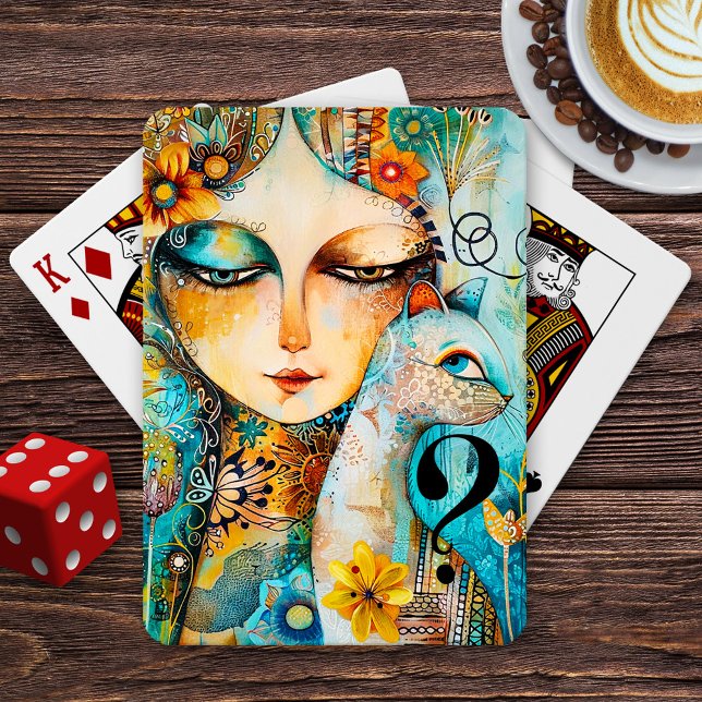 Baraja De Cartas El sospechoso arte de gatos (Cat mom playing cards featuring a fine art illustration of a lady and mysterious kitty.)