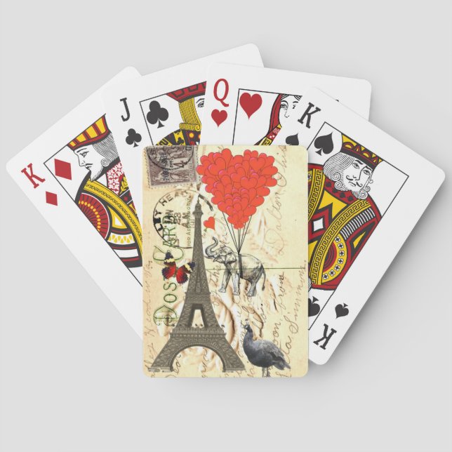 Baraja De Cartas Elefante de época y globos de corazón rojo (Reverso)