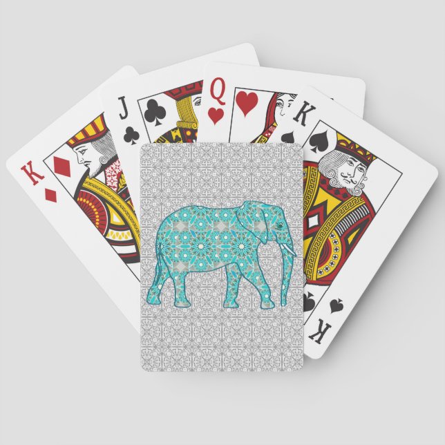 Baraja De Cartas Elefante de flores de Mandala - turquesa, gris y b (Reverso)