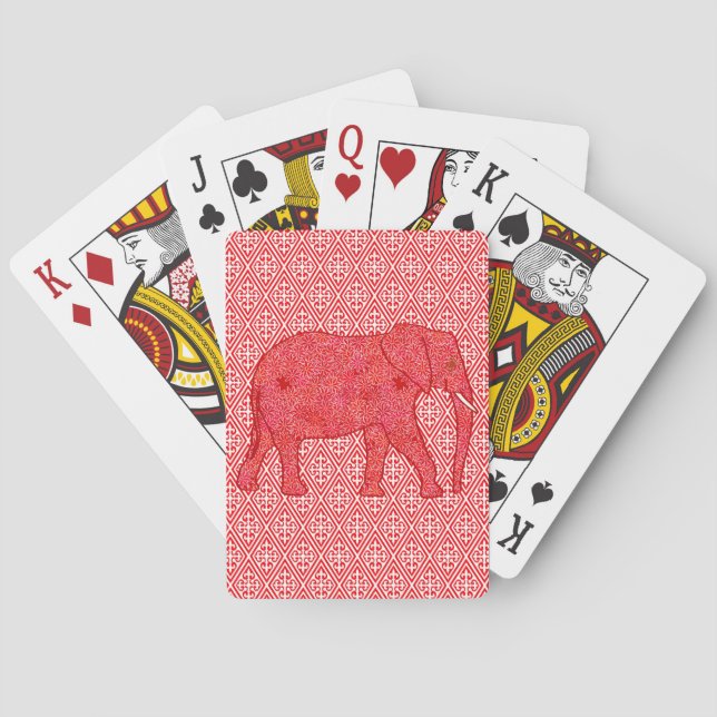 Baraja De Cartas elefante de flores - rojo profundo y coral (Reverso)