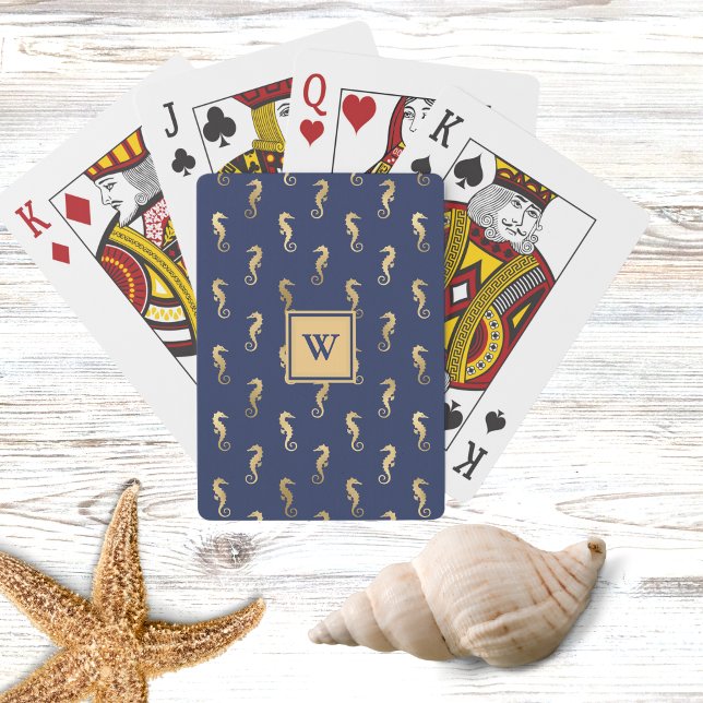 Baraja De Cartas Elegant Navy and Gold Seahorses with Initial (Subido por el creador)