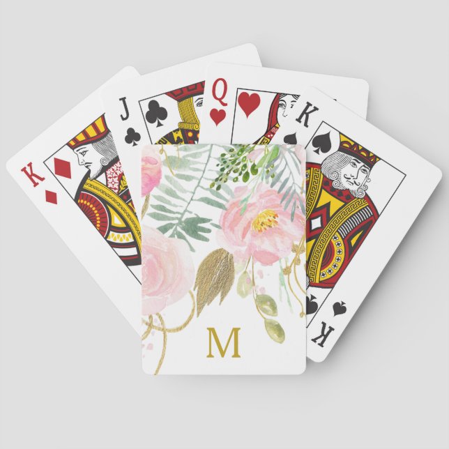 Baraja De Cartas Elegante acuarela Floral Gold Monograma (Reverso)