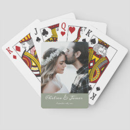 Baraja De Cartas Elegante Boda de caligrafía fotográfica Sage Green