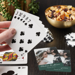 Baraja De Cartas Elegante Boda de caligrafía fotográfica verde esme