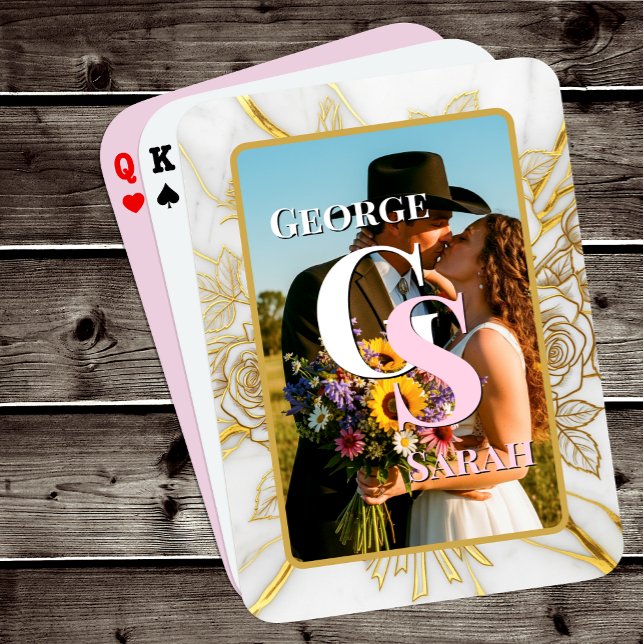 Baraja De Cartas Elegante Boda fotográfico, mármol, oro, iniciales (Subido por el creador)