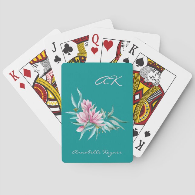 Baraja De Cartas Elegante botánico floral rosa y verde azulado mono (Reverso)