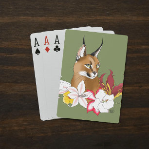 Baraja De Cartas Elegante Caracal Gato Salvaje Lirios Floral Verde