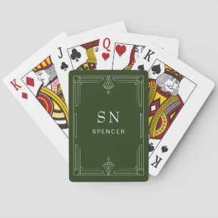 Baraja De Cartas Elegante Clásico Verde Bosque con Monograma