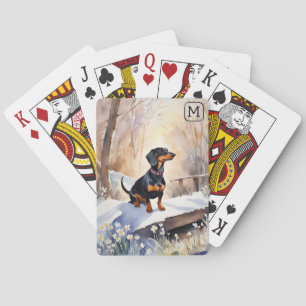 Baraja De Cartas Elegante Dachshund Perro Nieve Acuarela Monograma