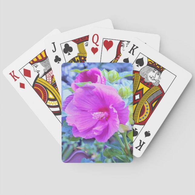 Baraja De Cartas Elegante Hibiscus rosa con oliage azul ondulado (Reverso)
