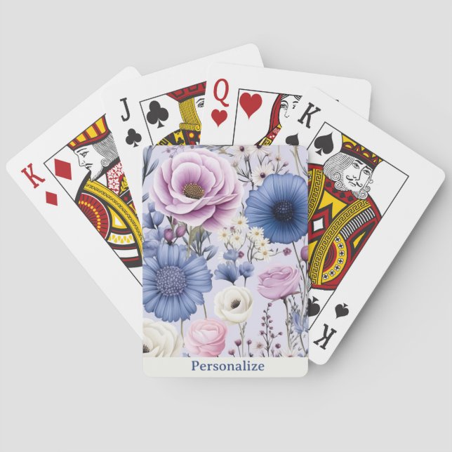 Baraja De Cartas Elegante Lavanda Azul Flor Blanca Jardín Floral (Reverso)