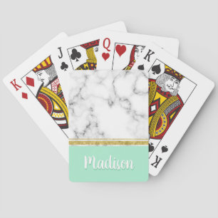 Baraja De Cartas Elegante Mint Marble y Gold Custom Name