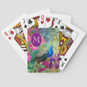 Baraja De Cartas Elegante Monograma Azul Verde Pavoreal Vintage  