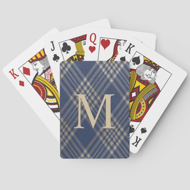 Baraja De Cartas Elegante Monograma Azul y Tan Planta (Reverso)