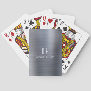 Baraja De Cartas Elegante Monograma de Nombre Metálico Gris Platead