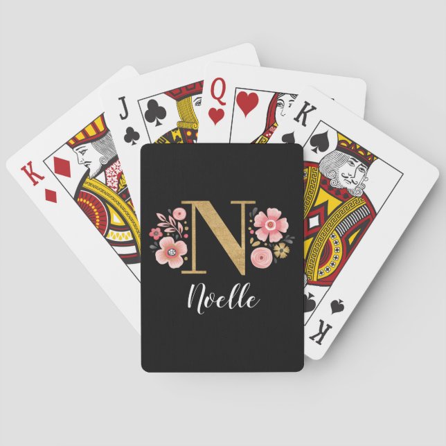 Baraja De Cartas Elegante Monograma de Oro Negro Estilo Script (Reverso)