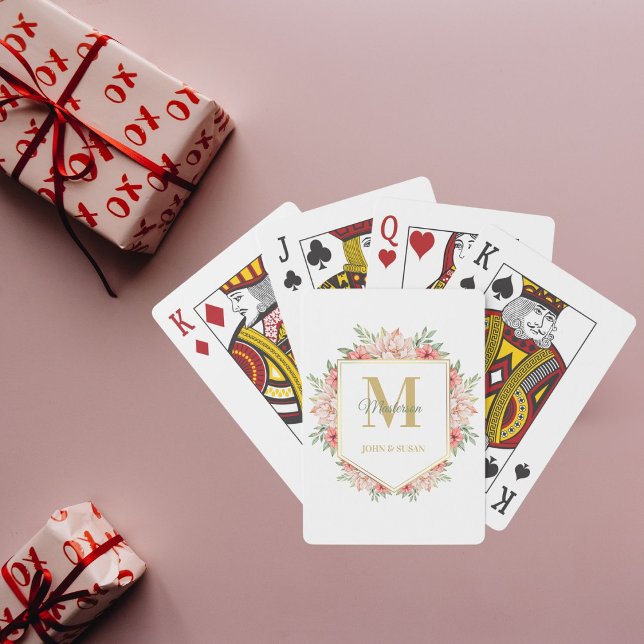 Baraja De Cartas Elegante Monograma Dorado Personalizado Floral (Subido por el creador)