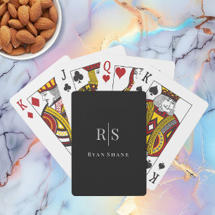 Baraja De Cartas Elegante Monograma Gris y Nombre Blanco sobre Negr